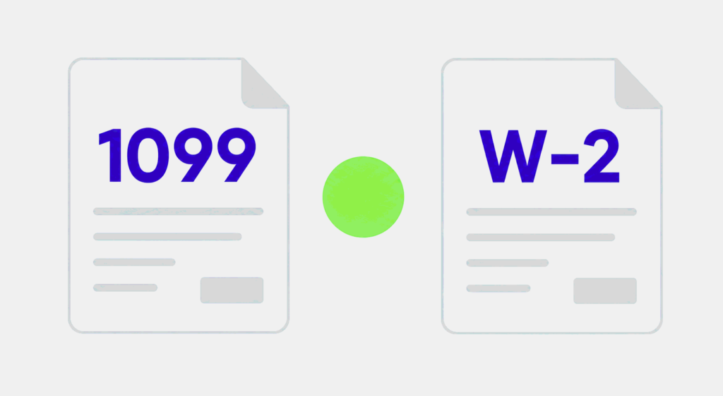 Two tax forms labeled 1099 and W-2 sit side by side with a bright green circle between them, on a light background for contrast.